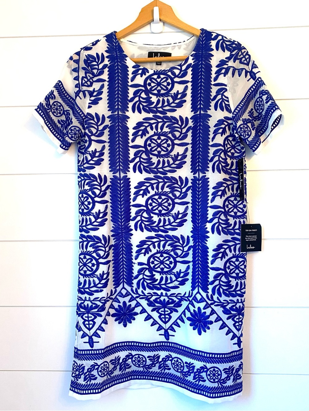 NWT Lulu's White Dress with Cobalt Blue Embroidery (size XS)